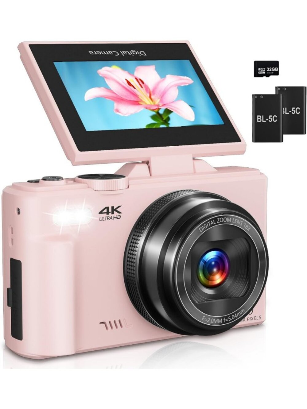 Compact 4K Vlogging Camera with 180° Flip Screen, 18X Zoom, 32GB Card & 2